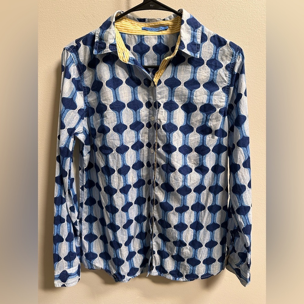 J.McLaughlin Lois Long Sleeve Shirt Blue Preppy Coastal Resort Vacation Cotton - Picture 2 of 10